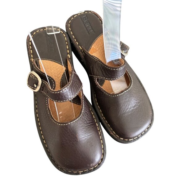 Born Girls Brown Leather Mary Jane Clogs Adjustable Buckle Strap Comfort - Picture 6 of 14